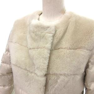 EMMETI ダウンコート ノーカラー ムートンファー切替 ナイロン 38 オフホワイト