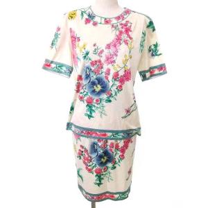 FASHION セットアップ 上下セット トップス 半袖 ひざ丈スカート タイト 花柄 L 白 ホワイト 日本製 IBO33