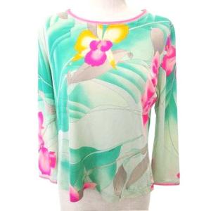 PARIS シルク 長袖 カットソー トップス 薄手 花柄 40 Mサイズ相当 緑 ライトグリーン IBO33