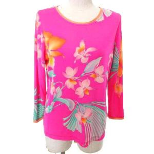 PARIS シルク 長袖 カットソー トップス 花柄 42 Lサイズ相当 ピンク IBO33