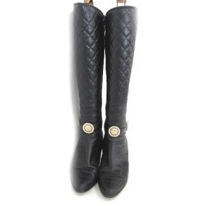 GIANNI VERSACE ロング ブーツ ヒール サンバースト キルティング サイドジップ 36 23.0?p相当 黒 ブラック