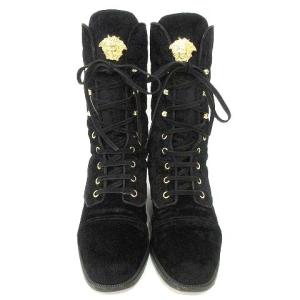 GIANNI VERSACE レースアップ ブーツ ミドル丈 ベロア ステッチ メデューサ フラット 36.5 23.5cm 黒 ブラック