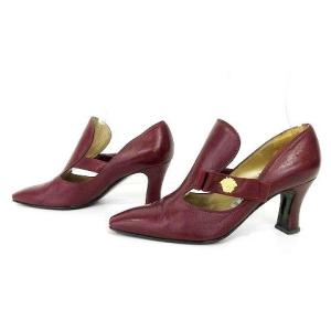 GIANNI VERSACE カッティング パンプス  レザー メデューサ リボン スクエアトゥ ハイヒール 36 23cm ボルドー