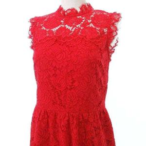 レース ワンピース ミディ丈 ノースリーブ スリム ドレス 2 赤 レッド IBO33