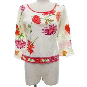 FASHION 花柄 カットソー 袖フリル トップス 薄手 フラワープリント 約Mサイズ オフホワイト IBO33