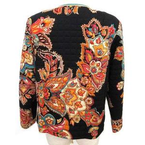 LEONARD FASHION 美品 ノーカラージャケット キルティング 中綿 シルク混 お花柄 ウール 11AR L 黒 ブラック IBO33