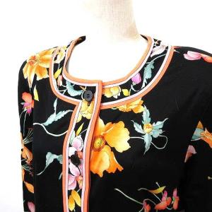 LEONARD FASHION 美品 ノーカラージャケット お花柄 コットン L ブラック