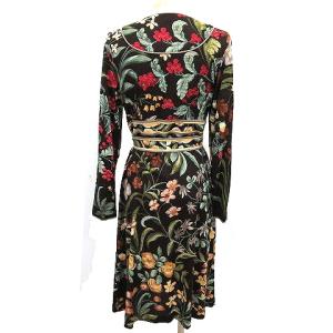 LEONARD FASHION ワンピース 長袖 フロントボタン ベルト 花柄 シルク混 ウール L 茶