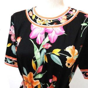 LEONARD FASHION ワンピース ノーカラー ベルト お花柄 コットン M 黒 ブラック