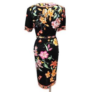 LEONARD FASHION ワンピース ノーカラー ベルト お花柄 コットン M 黒 ブラック