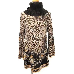美品 ヒョウ柄 チュニック タートルネック ニット ウール M 茶 ブラウン IBO33