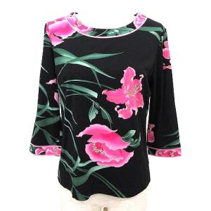 FASHION 美品 長袖 カットソー 花柄 L 黒 ブラック ピンク IBO33