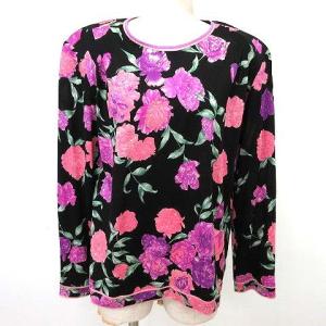 FASHION 美品 長袖 カットソー バックジップ お花柄 シルク混 ウール 42 M 黒 ブラック IBO33