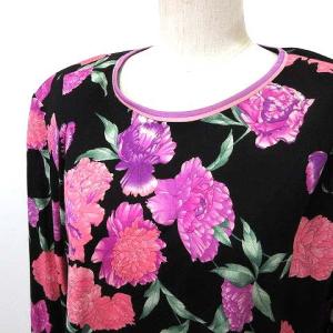 LEONARD FASHION 美品 長袖 カットソー バックジップ お花柄 シルク混 ウール 42 M 黒 ブラック IBO33
