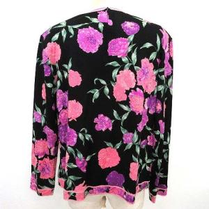 LEONARD FASHION 美品 長袖 カットソー バックジップ お花柄 シルク混 ウール 42 M 黒 ブラック IBO33