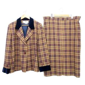 美品 スカート スーツ チェック柄 ベロア ラペル切替 ジャケット 総裏地 イタリア製 国内正規 42 大きいサイズ ベージュ