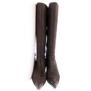 PRADA ロング ブーツ レザー ポインテッドトゥ型押し スタッズヒール 36.5 23.5cm 茶 ダークブラウン IBO33 A0210