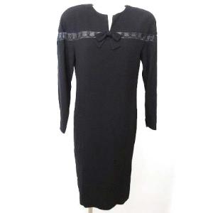 美品 ヴィンテージ フォーマル ワンピース ドレス ひざ丈スカート 長袖 シースルー 刺繍 リボン 7 Sサイズ相当 黒 ブラック