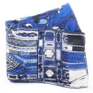 ETRO 近年 シルク混 ストール リネン ペイズリー柄 総柄 青 ブルー イタリア製 IBO35