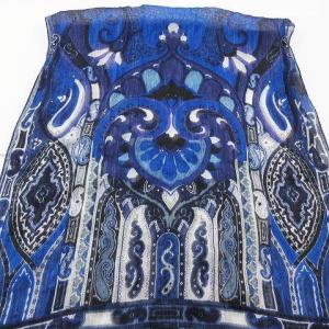 ETRO 近年 シルク混 ストール リネン ペイズリー柄 総柄 青 ブルー イタリア製 IBO35