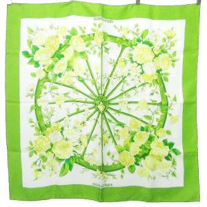 美品 カレ90 ロマンティック ROMANTIQUE シルク スカーフ 花柄 スクエア 正方形 ライトグリーン U180