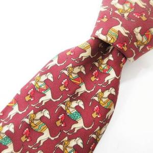 Salvatore Ferragamo シルク ネクタイ ワイドタイ ドッグ柄 総柄 エンジ 赤 レッド イタリア製 IBO35