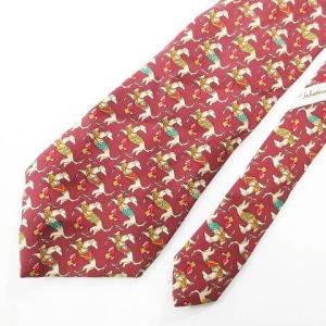 Salvatore Ferragamo シルク ネクタイ ワイドタイ ドッグ柄 総柄 エンジ 赤 レッド イタリア製 IBO35