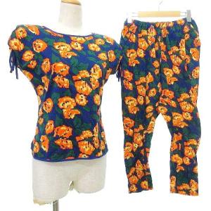 YVES SAINT LAURENT ヴィンテージ セットアップ 花柄 半袖 カットソー パンツ フラワープリント M 青 ブルー ECR17