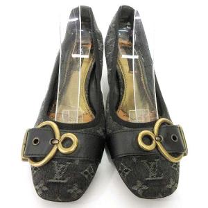 LOUIS VUITTON モノグラム デニム パンプス ローヒール ベルト スクエアトゥ 35.5 約23cm 黒 ブラック ECR17