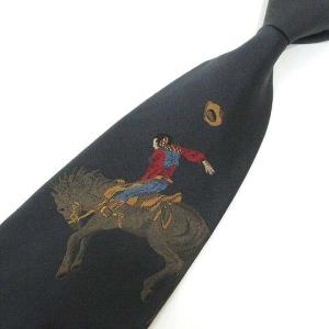 90S ネクタイ ウエスタン柄 馬 ブーツ 刺繍 レギュラータイ フランス製 ビジネス パーティー 黒 ブラック IBO35