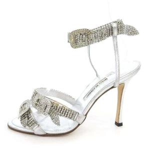 MANOLO BLAHNIK サンダル ラインストーン ベルト ハイヒール 37.5 約24cm シルバー IBO36