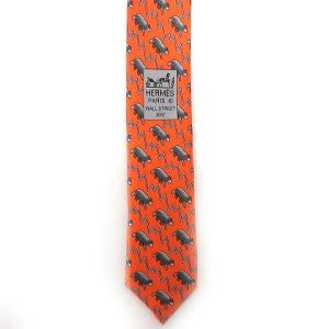 HERMES タグ付 ネクタイ レギュラータイ 牛 総柄 シルク オレンジ IBO36 U90