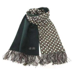 dunhill ダブルフェイス マフラー カシミヤ × シルク 総柄 フリンジ ストール 緑 グリーン U90