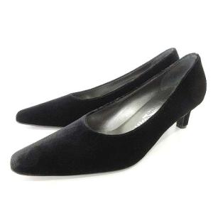 美品 ベロア パンプス ロングノーズ スクエア ハイヒール ビジネス カジュアル 7.5 B 25cm 黒 ブラック U30