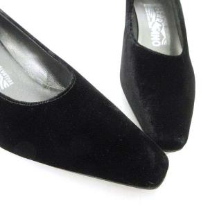 Salvatore Ferragamo 美品 ベロア パンプス ロングノーズ スクエア ハイヒール ビジネス カジュアル 7.5 B 25cm 黒 ブラック U30