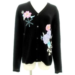 LEONARD SPORT ニット カーディガン カシミア シルク混 Vネック 花 雪 フラワー&スノー 40 M 黒 ブラック IBO37 A0324