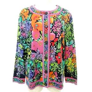 Fashion ノーカラー カーディガン 花柄 L 紺 オレンジ マルチカラー