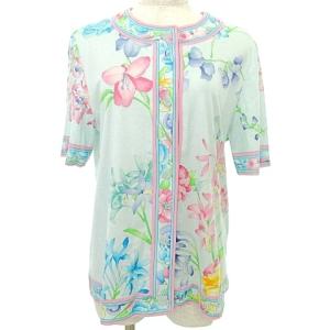 Fashion 半袖 ノーカラー カーディガン 花柄 L 水色 ライトブルー IBO37 A0324