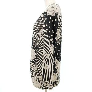 LEONARD Fashion Vネック ノーカラー ジャケット 薄手 カーディガン 総柄 M 黒 ブラック ベージュ IBO37 A0327