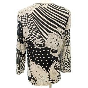 LEONARD Fashion Vネック ノーカラー ジャケット 薄手 カーディガン 総柄 M 黒 ブラック ベージュ IBO37 A0327