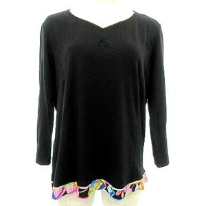 LEONARD SPORT 美品 カットソー 七分袖 Vネック 裾花柄ライン ストレッチ 42 L 黒 ブラック IBO37 A0324