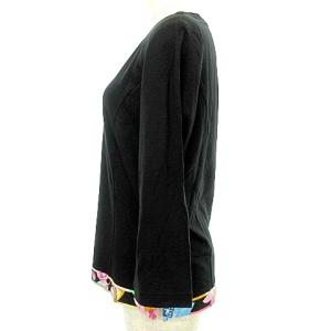 LEONARD SPORT 美品 カットソー 七分袖 Vネック 裾花柄ライン ストレッチ 42 L 黒 ブラック IBO37 A0324