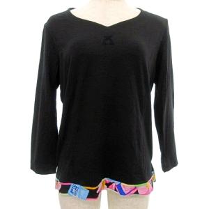 LEONARD SPORT カットソー 七分袖 Tシャツ Vネック 裾花柄ライン ストレッチ 40 M?L 黒 ブラック IBO37 A0323