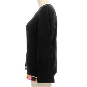 LEONARD SPORT カットソー 七分袖 Tシャツ Vネック 裾花柄ライン ストレッチ 40 M?L 黒 ブラック IBO37 A0323