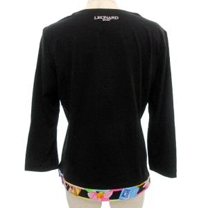 LEONARD SPORT カットソー 七分袖 Tシャツ Vネック 裾花柄ライン ストレッチ 40 M?L 黒 ブラック IBO37 A0323