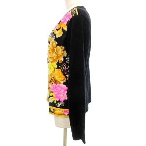 LEONARD Fashion ニット セーター 長袖 薄手 シルク混 花柄 切替 LL ブラック ピンク