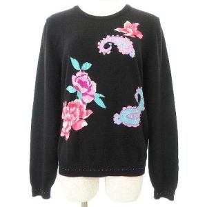 LEONARD SPORT カシミヤ シルク ニット 長袖 カットソー ペイズリー 花柄 スパンコール 42 13号 黒 ブラック IBO37