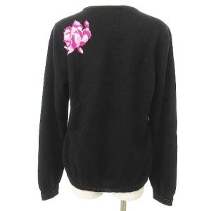 LEONARD SPORT カシミヤ シルク ニット 長袖 カットソー ペイズリー 花柄 スパンコール 42 13号 黒 ブラック IBO37