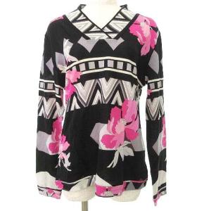 LEONARD SPORT Vネック ニット 長袖 黒カットソー 花柄 フラワー 総柄 ウール 42 13号 黒 ブラック IBO37