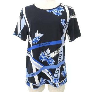 LEONARD SPORT 美品 カットソー 半袖 薄手 花柄 ロゴ プリント トップス 38 9号 紺 ネイビー IBO37